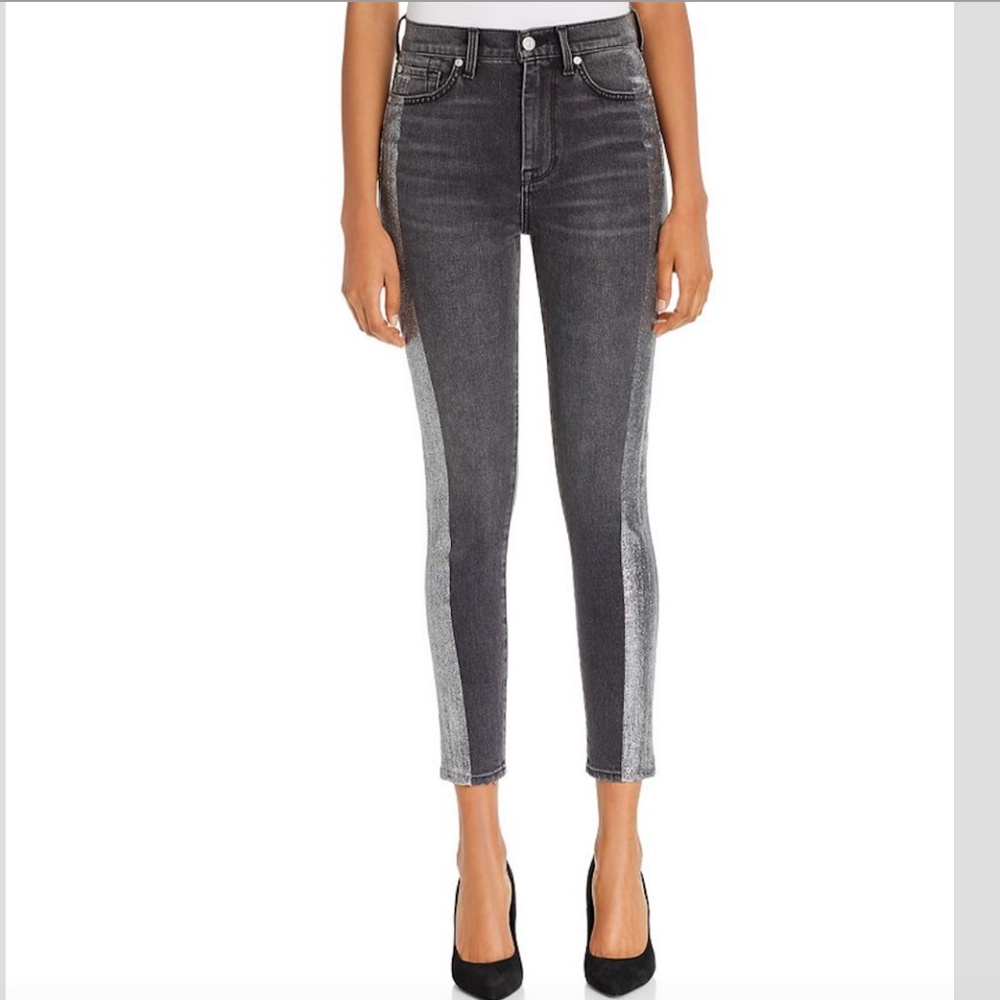 7 For All Mankind High-Waist Ankle Skinny Jeans in Metallic Glitter Tux - Picture 1 of 13